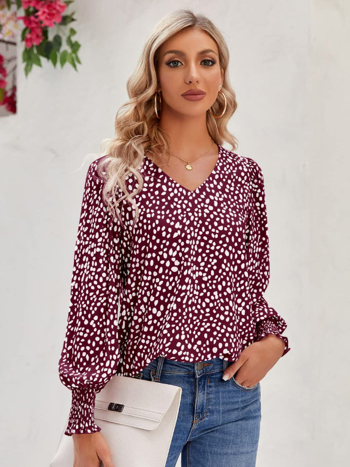 Printed V-Neck Lantern Sleeve Blouse - Classique Collection