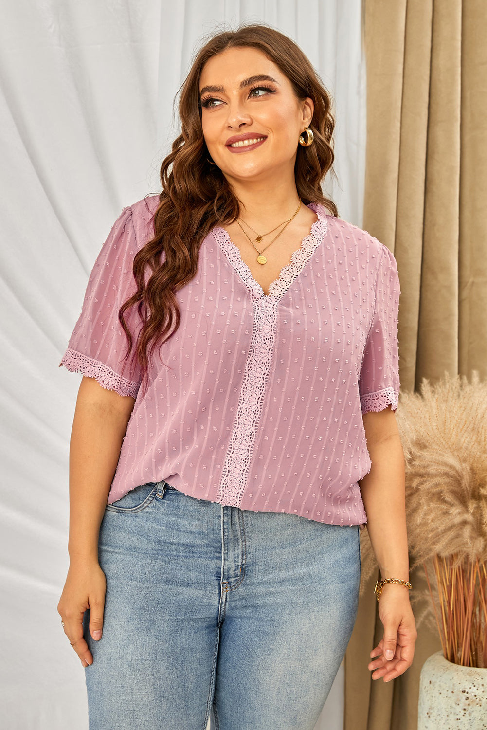 Plus Size Swiss Dot Spliced Lace V-Neck Blouse - Classique Collection