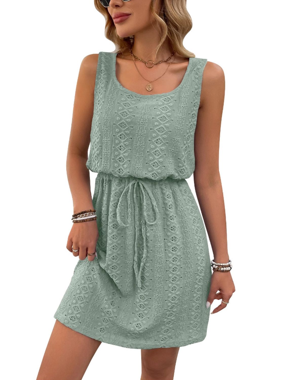 Eyelet Drawstring Round Neck Sleeveless Dress - Classique Collection