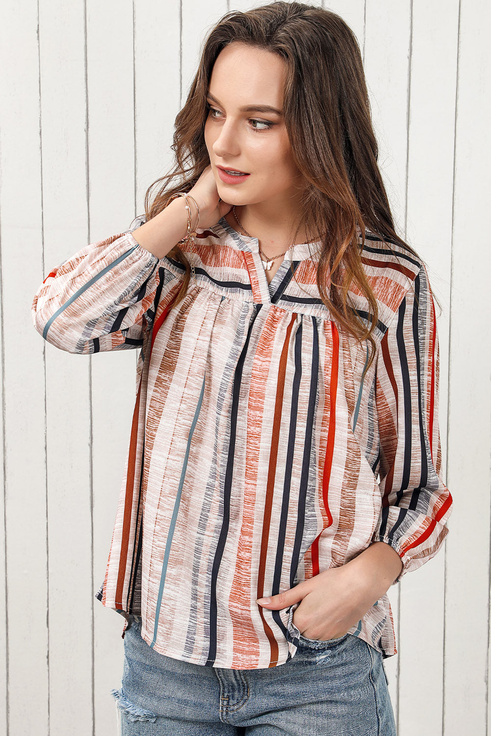 Multicolored Stripe Notched Neck Top - Classique Collection