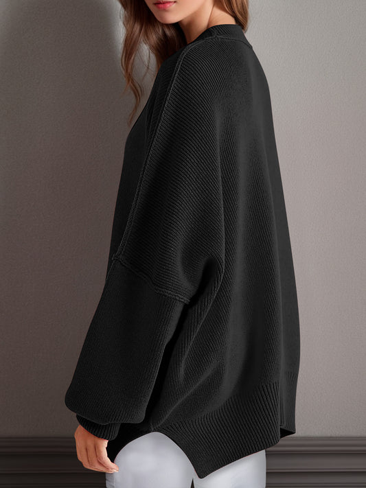 Double Take Side Slit Round Neck Long Sleeve Sweater - ClassiQ