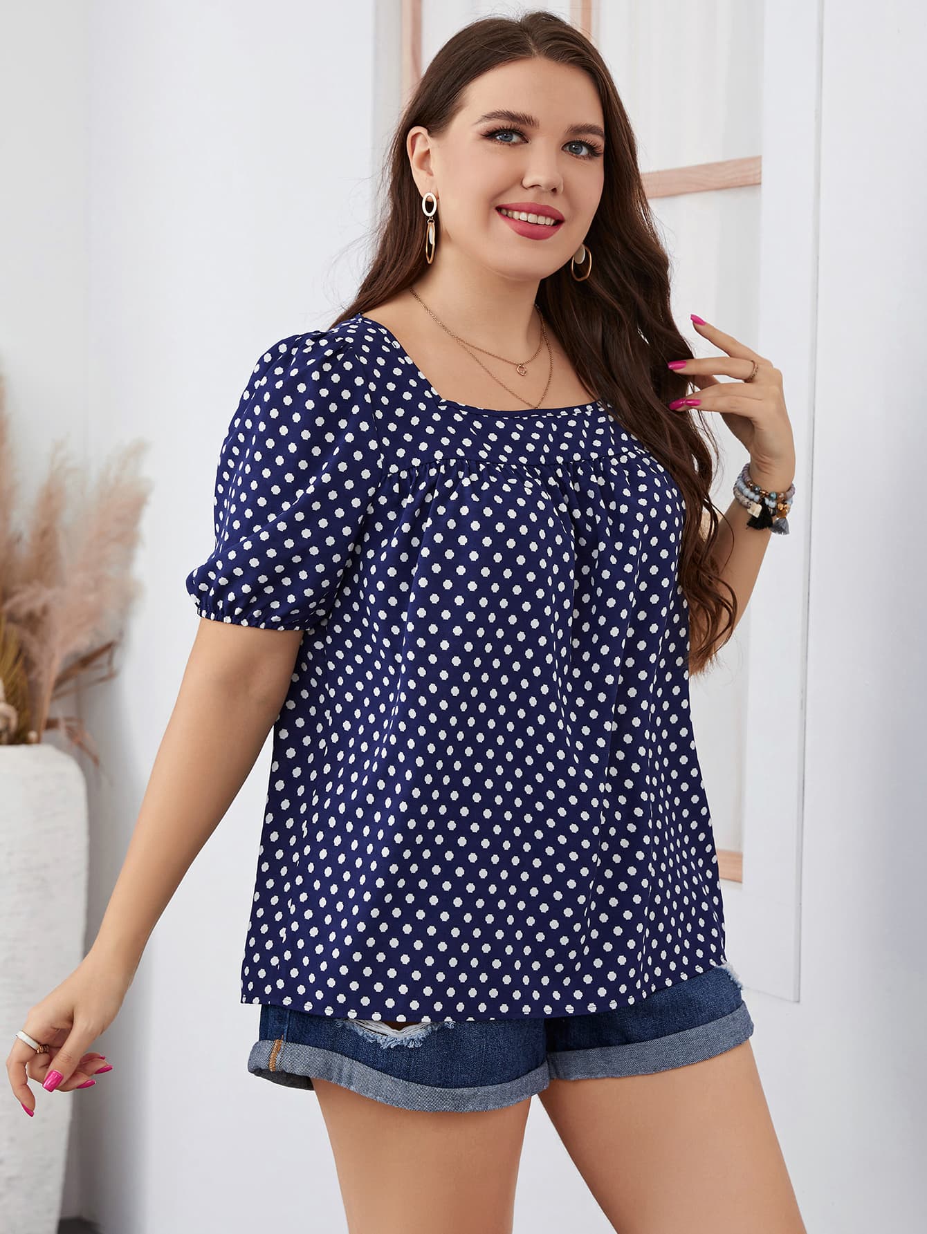 Honey Plus Size Polka Dot Square Neck Blouse - Classique Collection