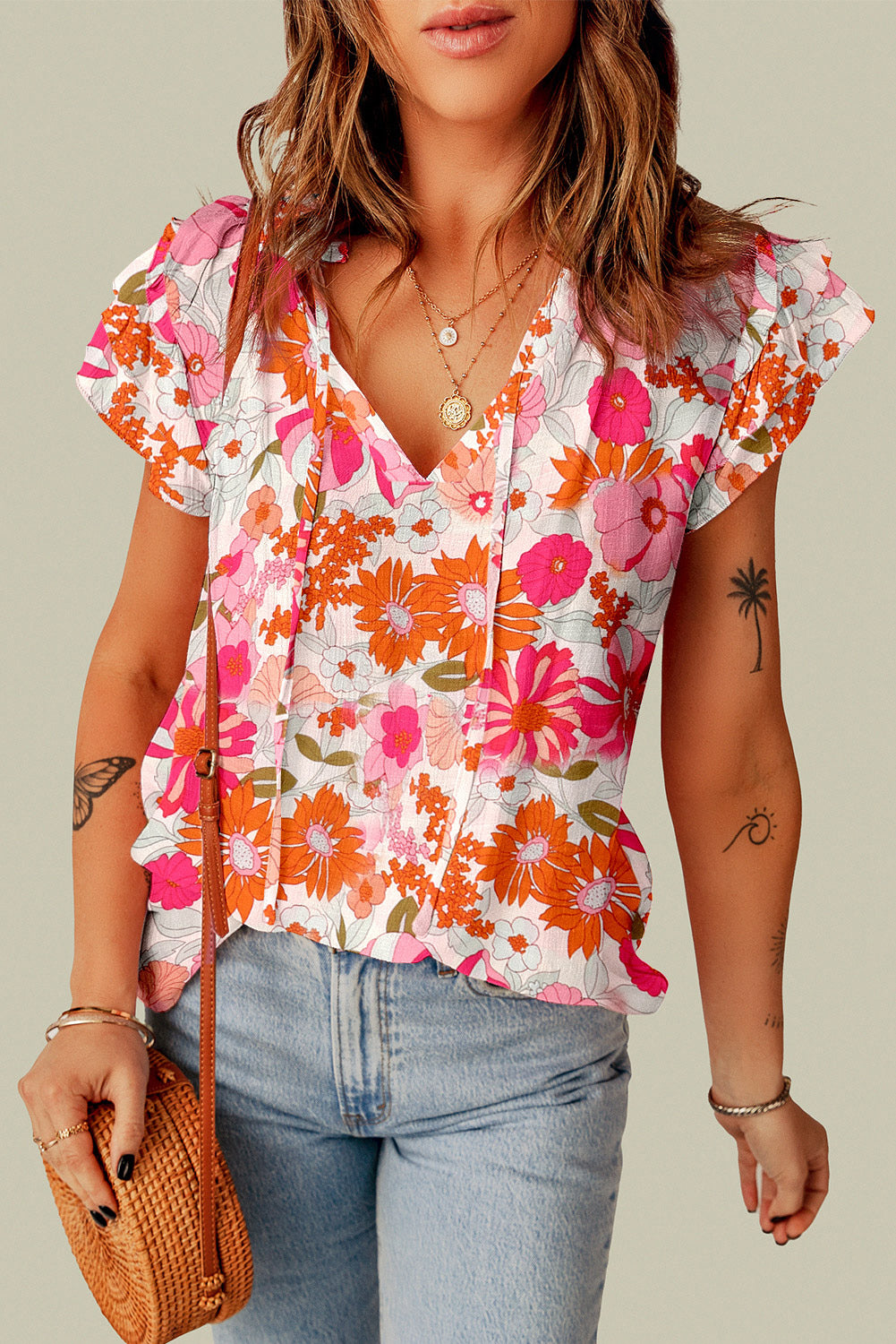 Floral Tie Neck Flutter Sleeve Blouse - ClassiQ