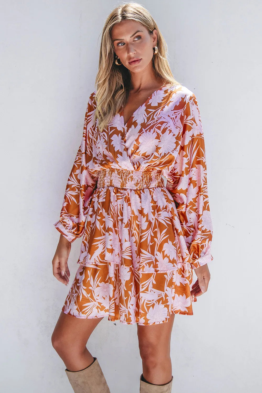 Smocked Printed Long Sleeve Mini Dress - Classique Collection