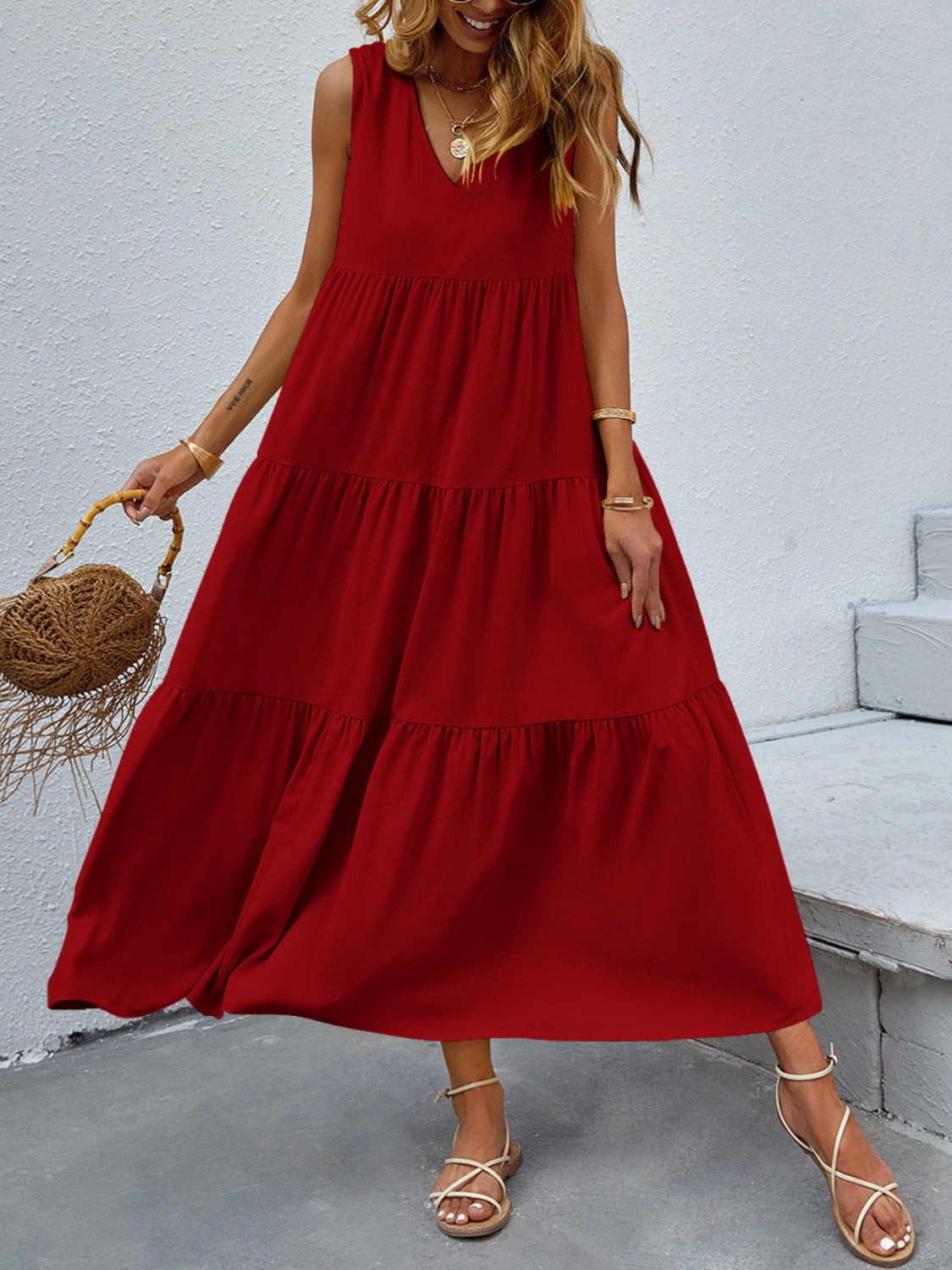 FAM-FAM Tiered V-Neck Sleeveless Dress - Classique Collection