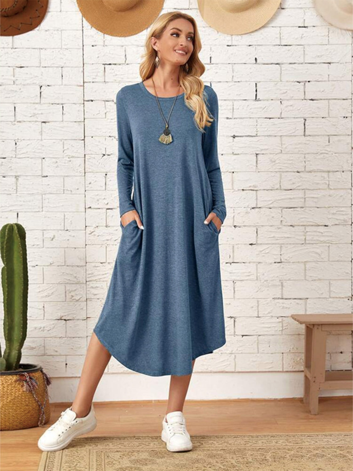 Pocketed Round Neck Long Sleeve Tee Dress - Classique Collection