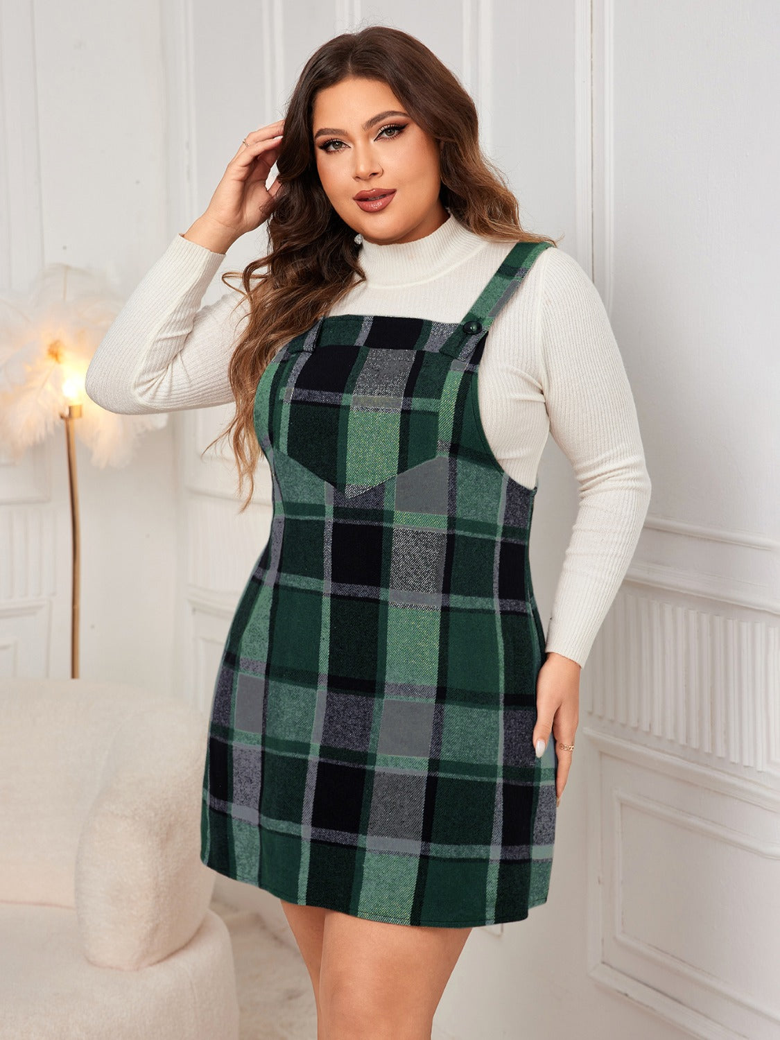 Honey Plus Size Plaid Wide Strap Overall Dress - Classique Collection