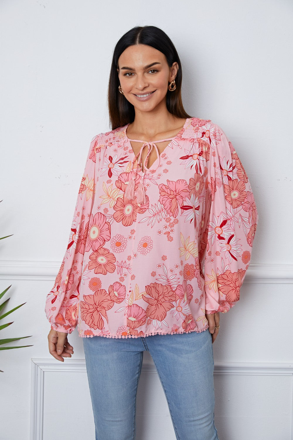 Floral Smocked Tassel Tie Balloon Sleeve Blouse - Classique Collection