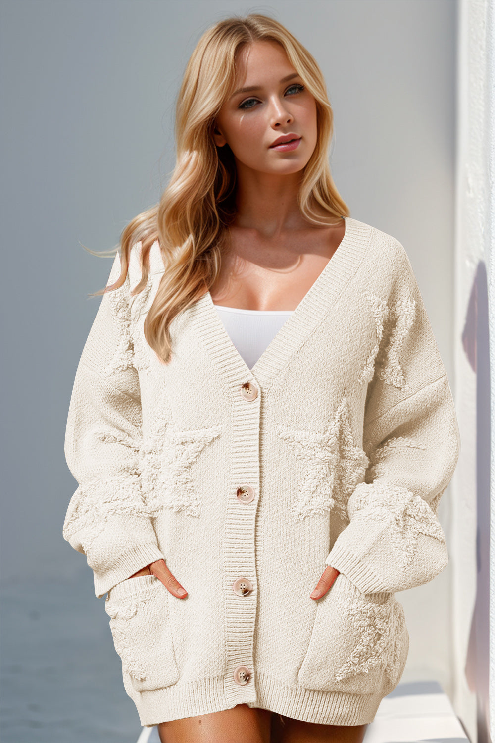 Double Take Full Size Button Up Star Pattern Cardigan - ClassiQ