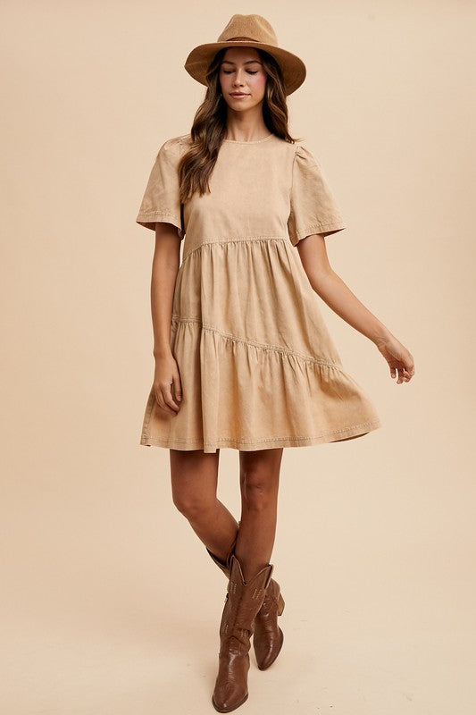 Annie Wear Mineral Washed Round Neck Short Sleeve Denim Dress - ClassiQ