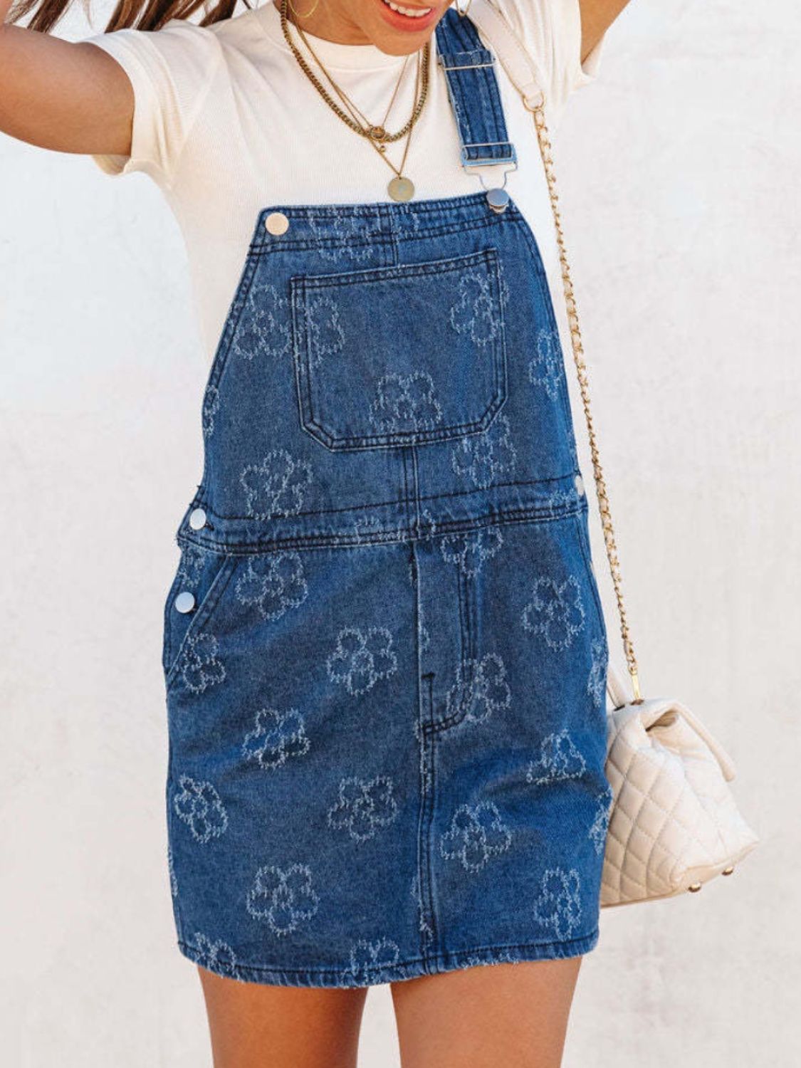 Flower Wide Strap Denim Overall Dress with Pockets - Classique Collection
