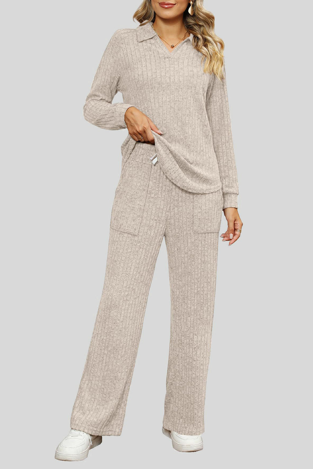 Ribbed Long Sleeve Top and Pocketed Pants Set - ClassiQ