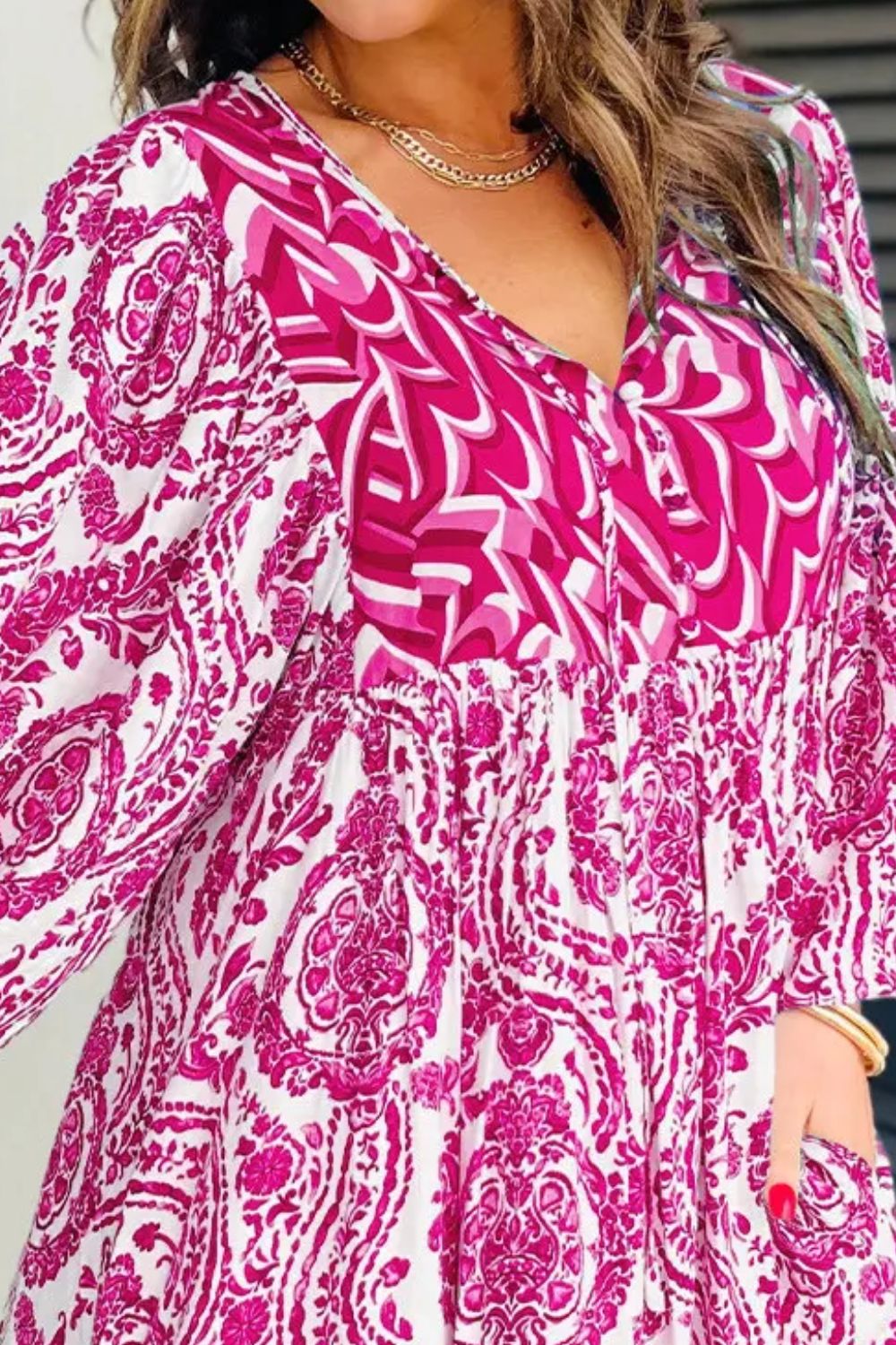 Printed Tie Neck Long Sleeve Mini Dress - Classique Collection