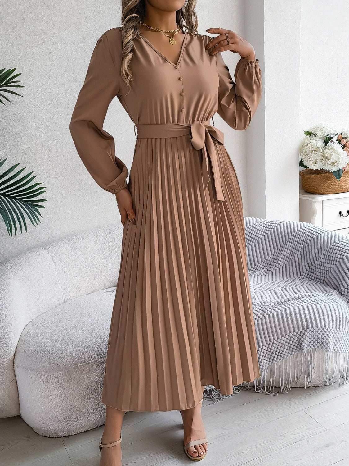 Pleated Tied V-Neck Long Sleeve Dress - Classique Collection