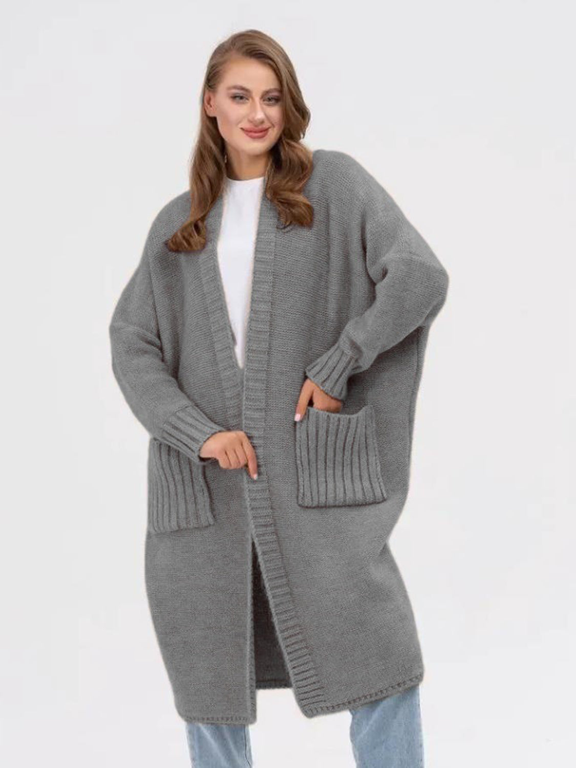 Pocketed Open Front Long Sleeve Longline Cardigan - ClassiQ