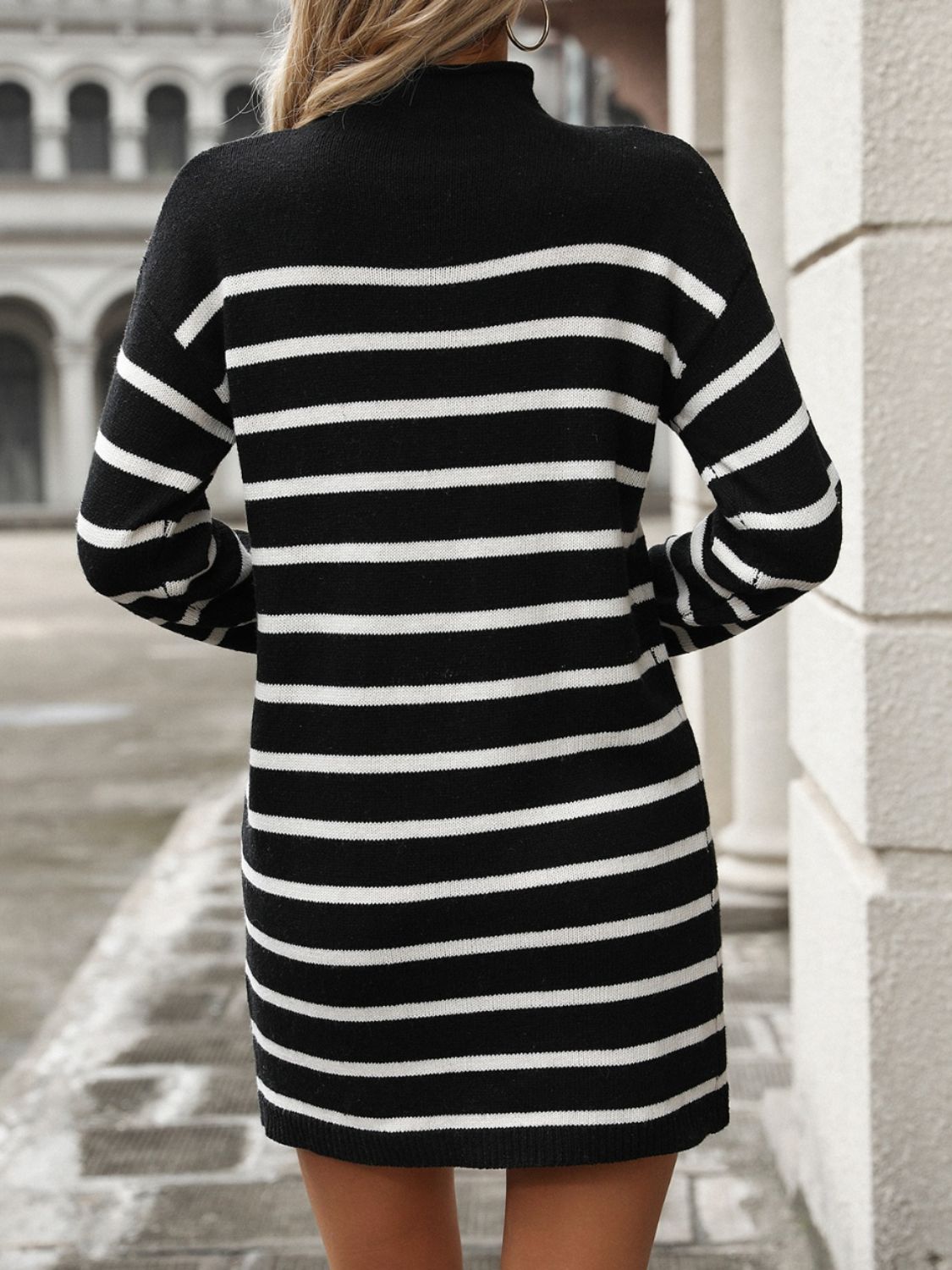 Striped Mock Neck Long Sleeve Mini Dress - Classique Collection