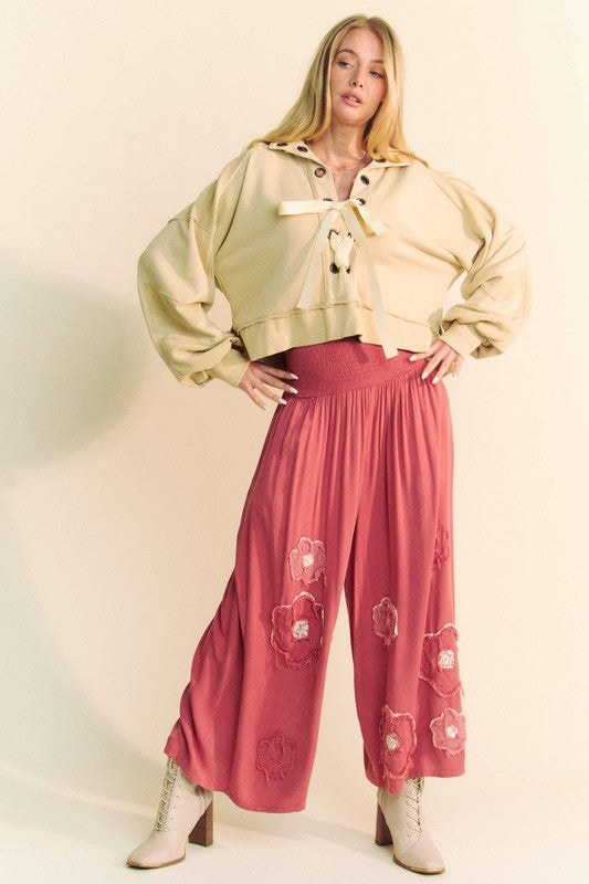 Davi & Dani Smocked Waist Flower Patch Wide Leg Pants - Classique Collection