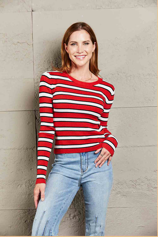 Striped Round Neck Long Sleeve Top - Classique Collection