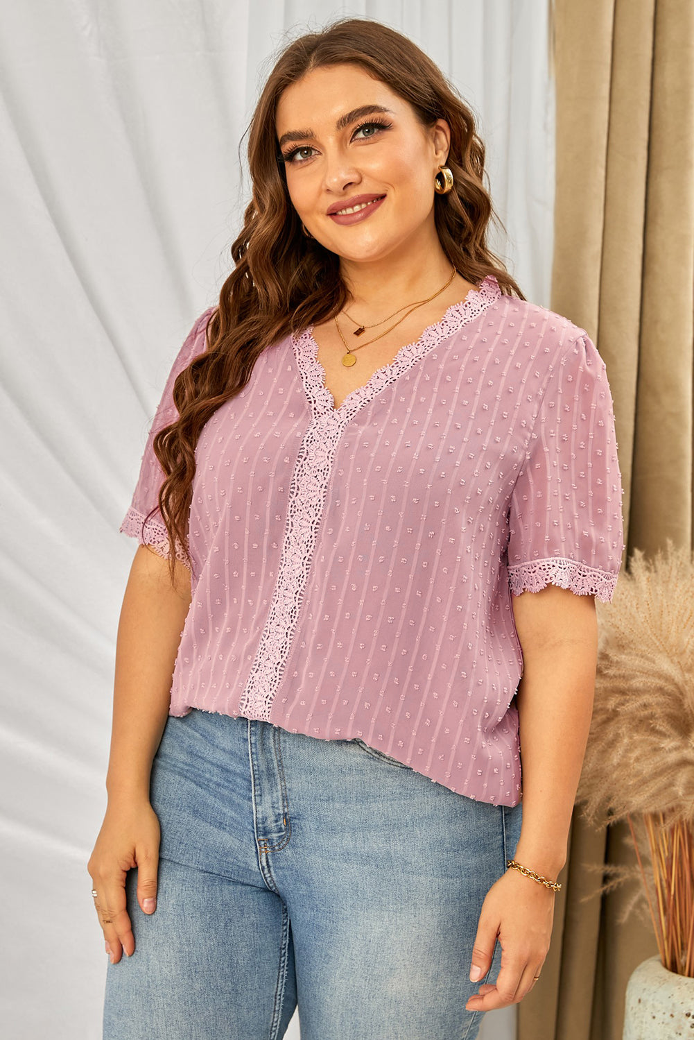 Plus Size Swiss Dot Spliced Lace V-Neck Blouse - Classique Collection