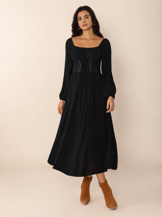 Lace-Up Square Neck Long Sleeve Midi Dress - Classique Collection