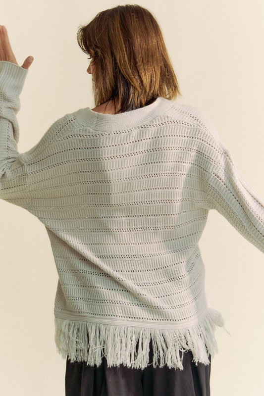 Davi & Dani Fringe V-Neck Button Up Long Sleeve Cardigan - ClassiQ