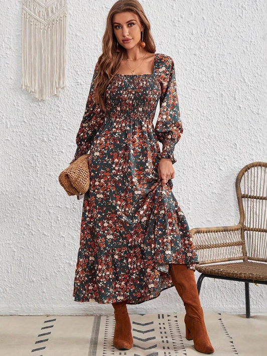Smocked Floral Square Neck Long Sleeve Dress - Classique Collection