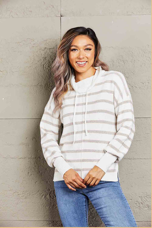 Cowl Neck Drawstring Dropped Shoulder Striped Print Blouse - Classique Collection