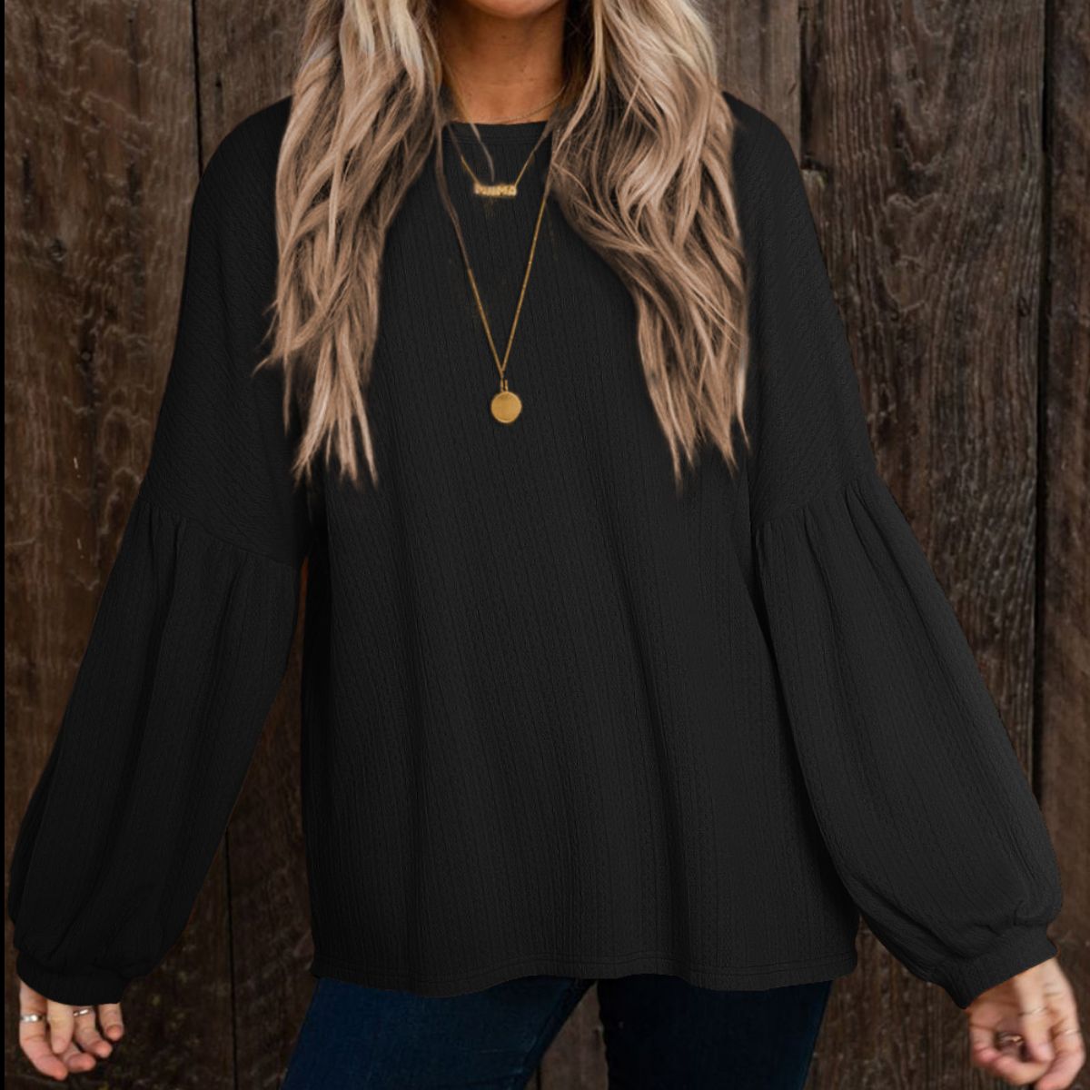 Round Neck Long Sleeve Ruched Blouse - Classique Collection
