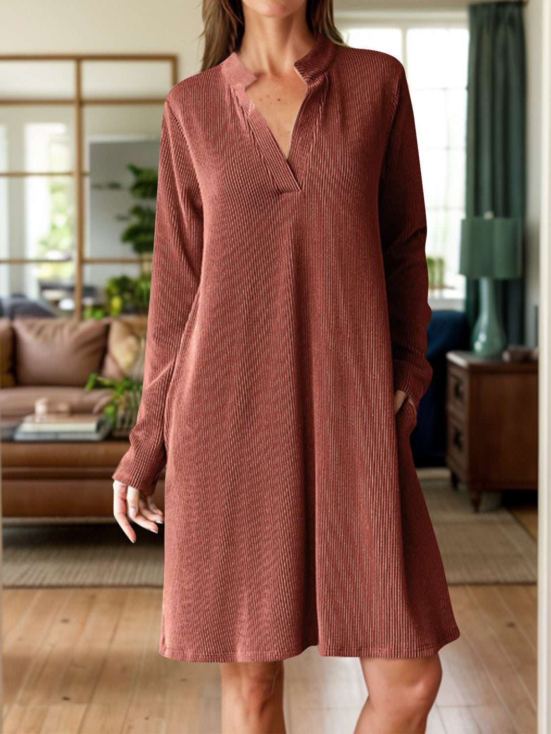 Notched Long Sleeve Mini Dress with Pockets - Classique Collection