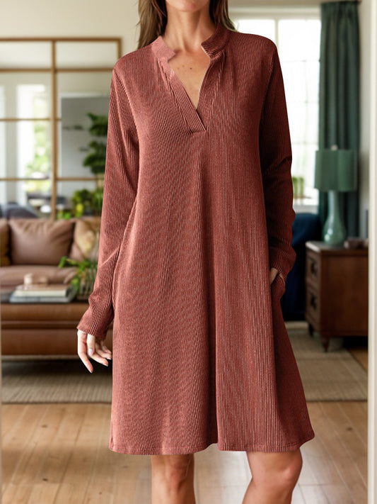 Notched Long Sleeve Mini Dress with Pockets - Classique Collection