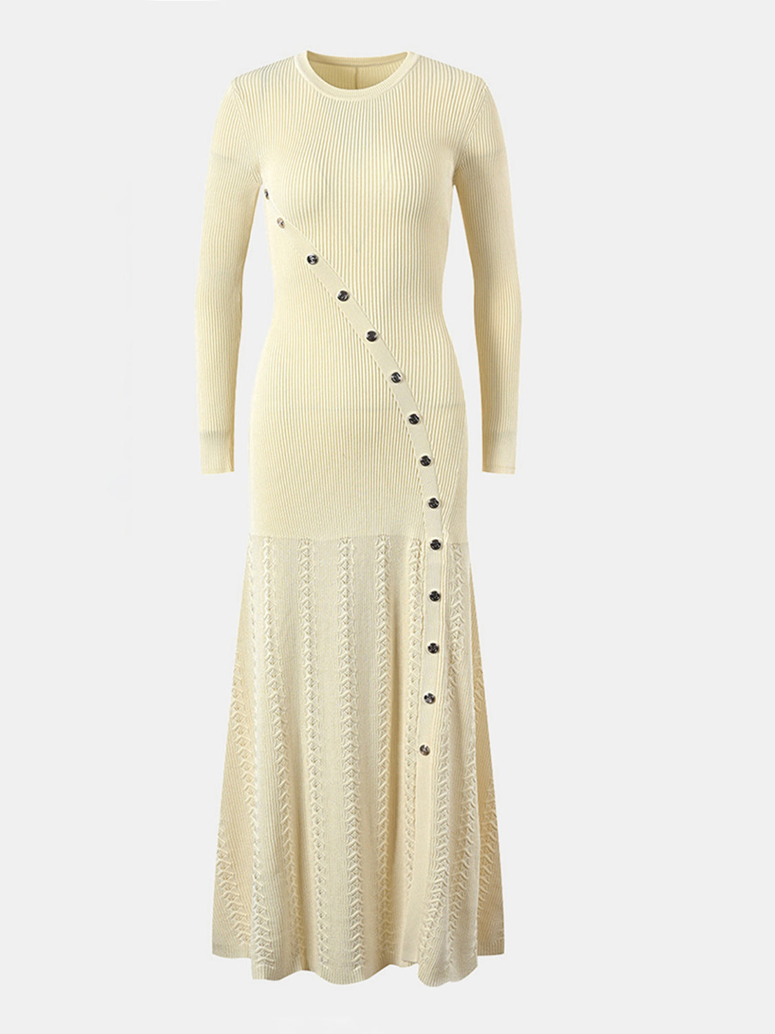 Openwork Round Neck Long Sleeve Sweater Dress - Classique Collection