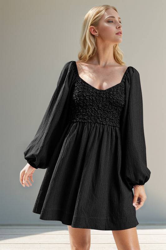 Double Take Texture Smocked Balloon Sleeve Mini Dress - Classique Collection