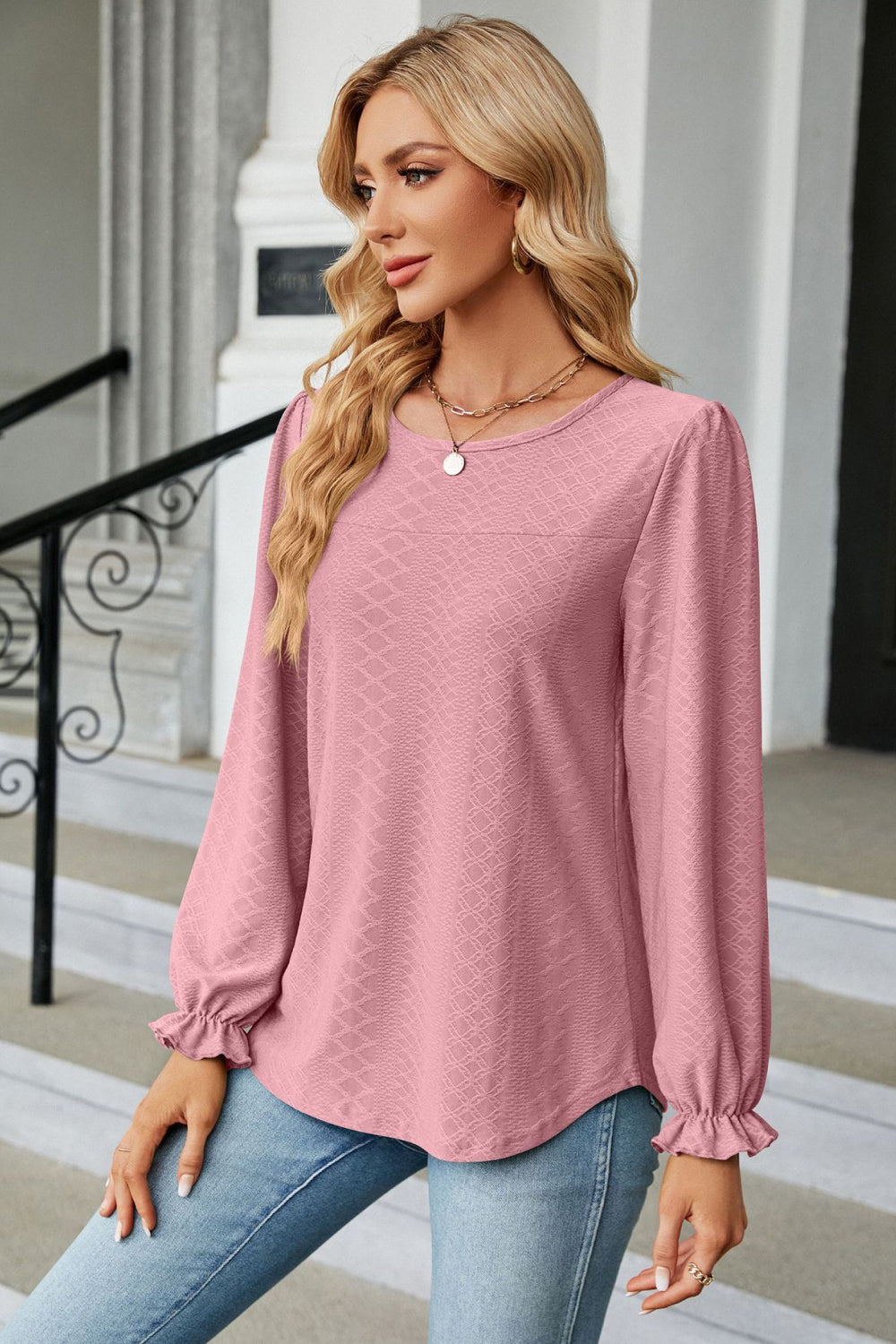 Round Neck Flounce Sleeve Blouse - Classique Collection