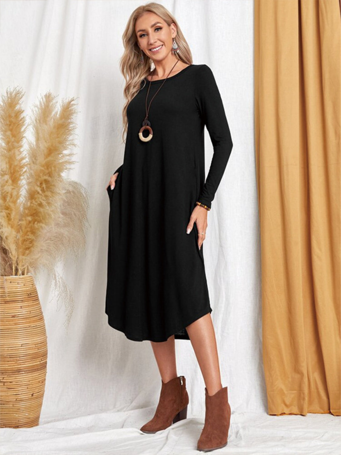 Pocketed Round Neck Long Sleeve Tee Dress - Classique Collection