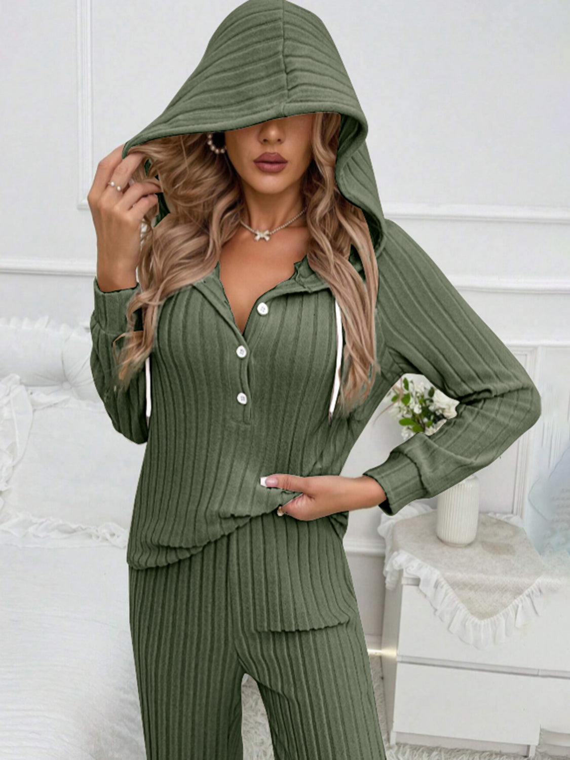 Drawstring Half Button Hooded Top and Ribbed Pants Set - ClassiQ