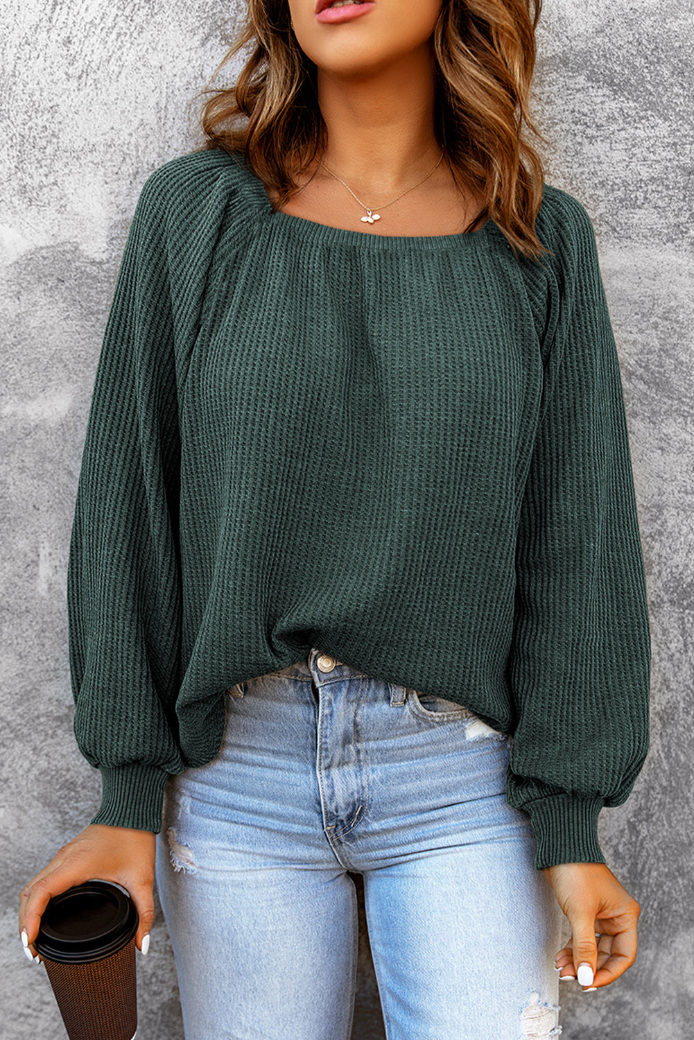 Square Neck Waffle-Knit Top - Classique Collection