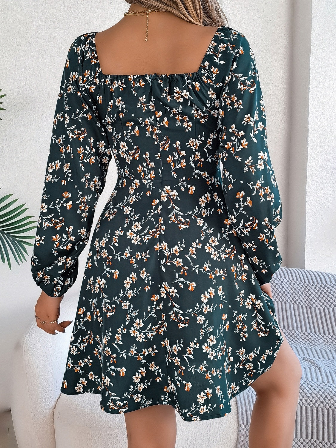 Printed Sweetheart Neck Balloon Sleeve Mini Dress - Classique Collection