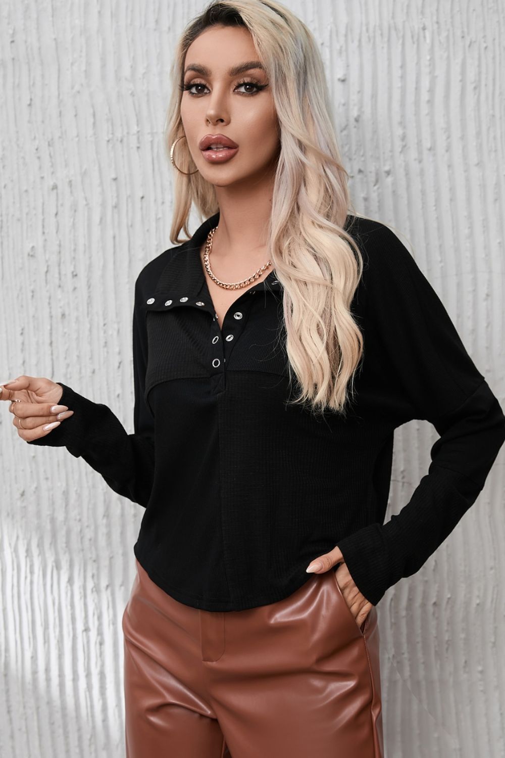 Ribbed Knit Henry Collar Loose Fitting Long Sleeve Top - Classique Collection