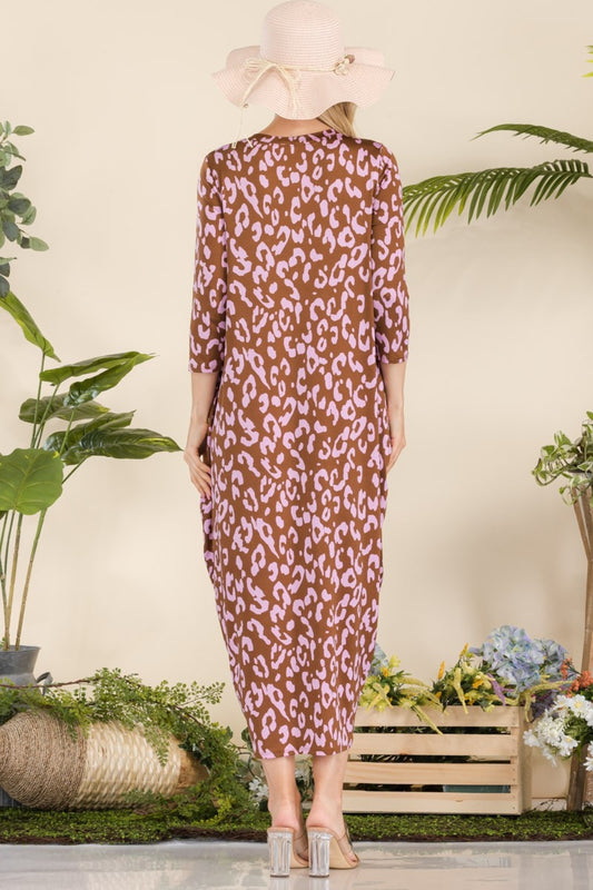 Celeste Full Size Leopard Contrast Dress with Pockets - Classique Collection
