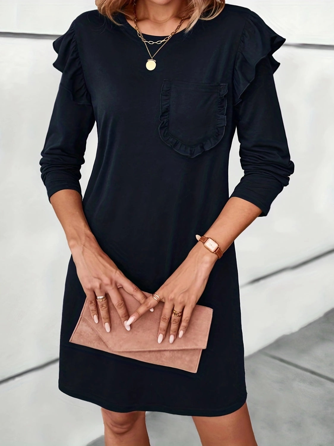 Ruffled Round Neck Long Sleeve Mini Dress - Classique Collection