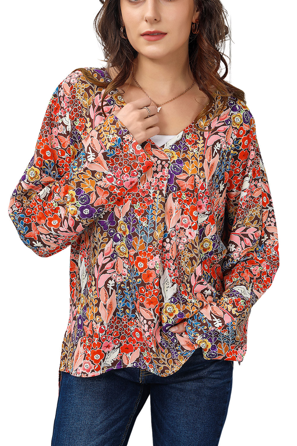 Floral V-Neck Long Sleeve Blouse - Classique Collection