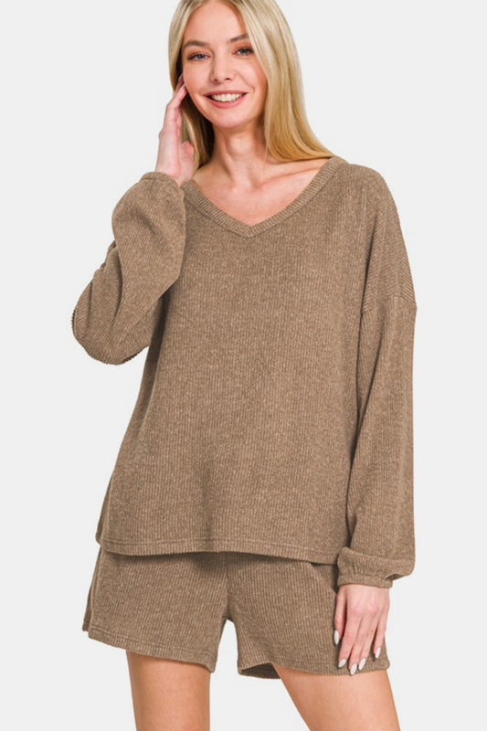 Zenana V-Neck Long Sleeve Ribbed Top and Shorts Set - ClassiQ