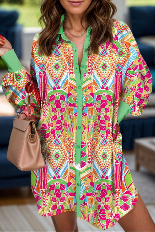 Printed Button Up Long Sleeve Shirt Dress - Classique Collection