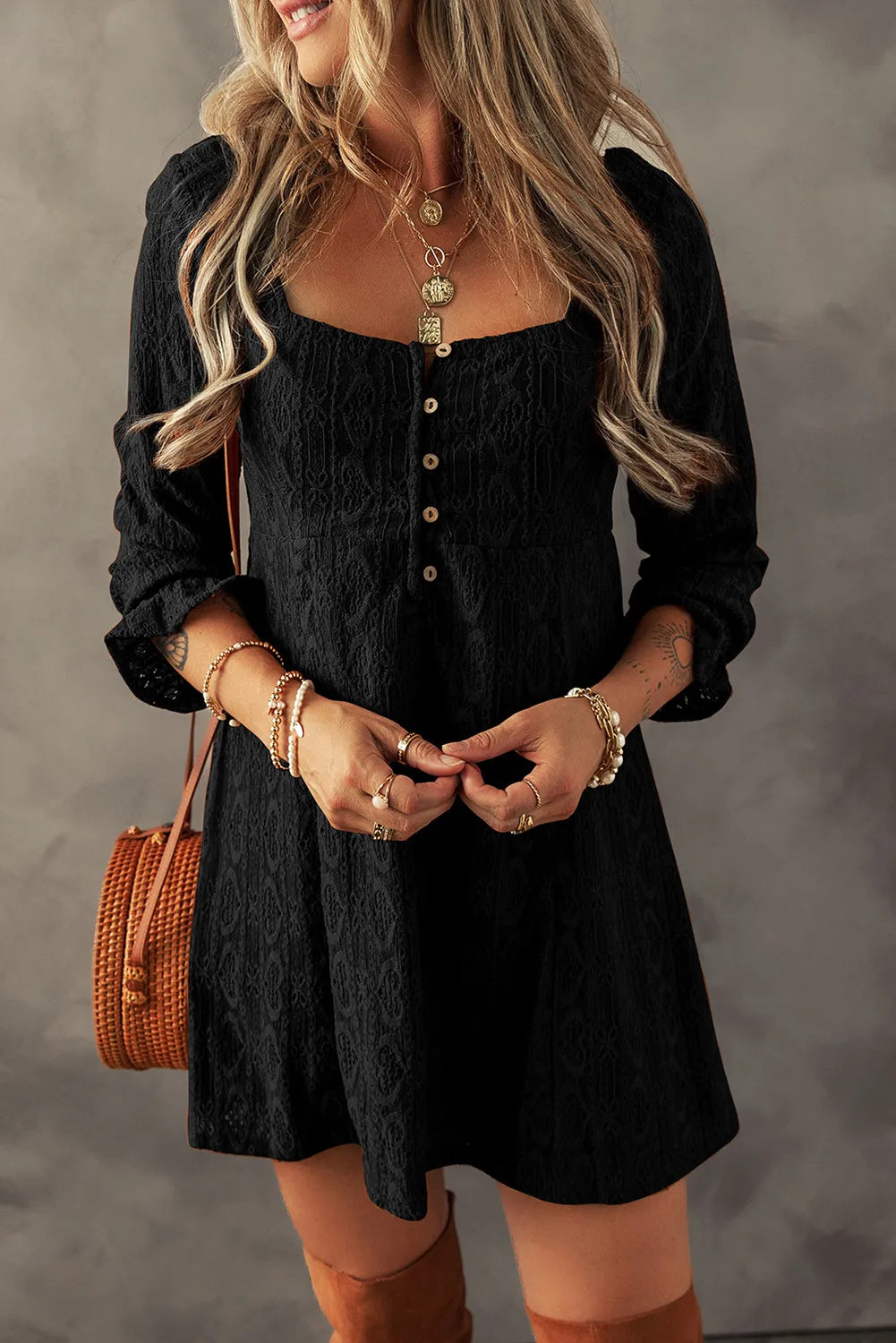 Textured Square Neck Mini Dress - Classique Collection
