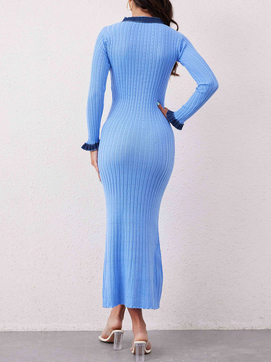 Contrast Trim Round Neck Long Sleeve Sweater Dress - Classique Collection