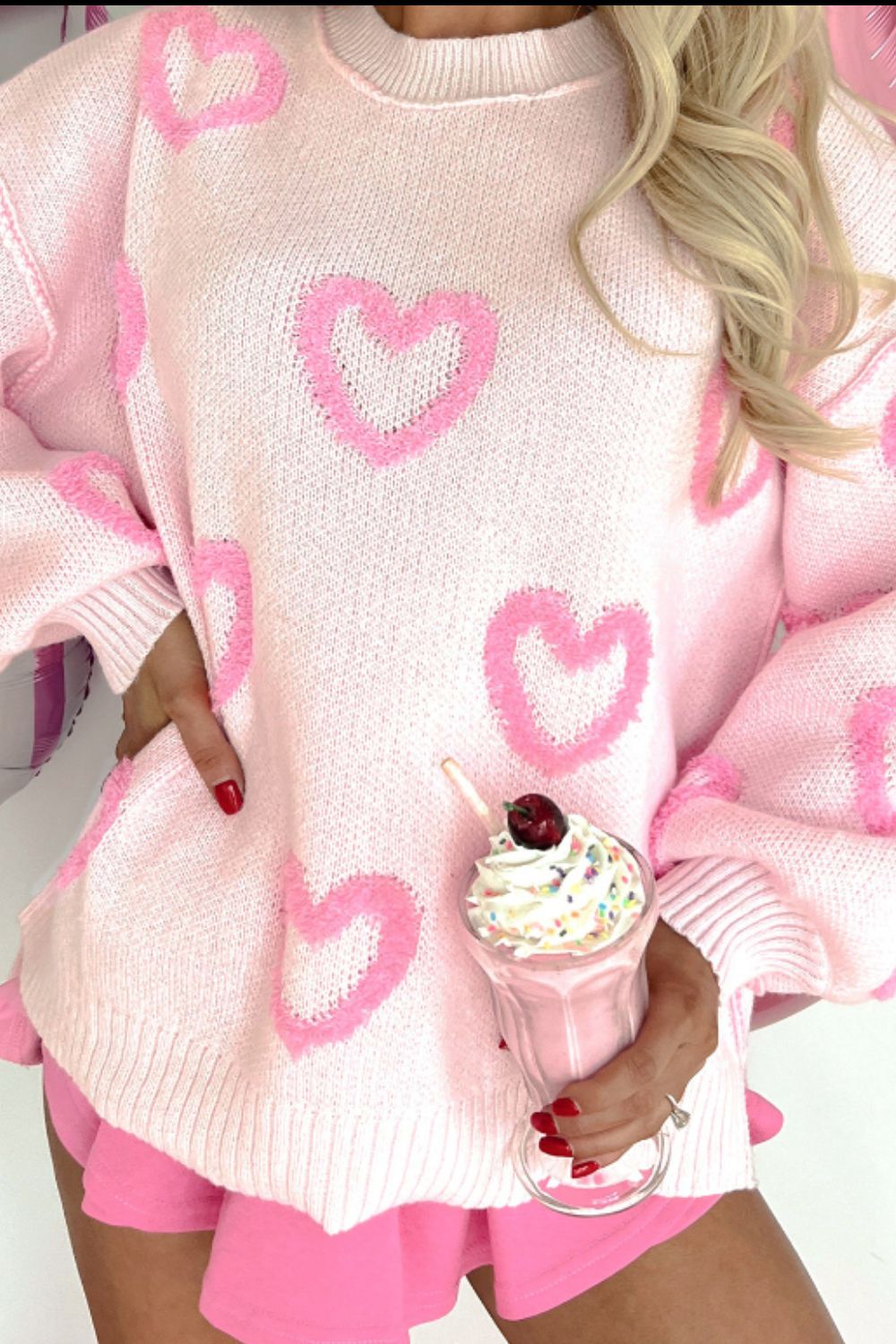 High-Low Heart Round Neck Long Sleeve Sweater - ClassiQ