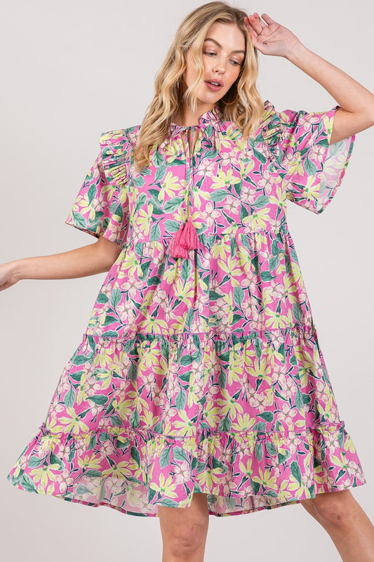SAGE + FIG Floral Ruffle Short Sleeve Dress - Classique Collection