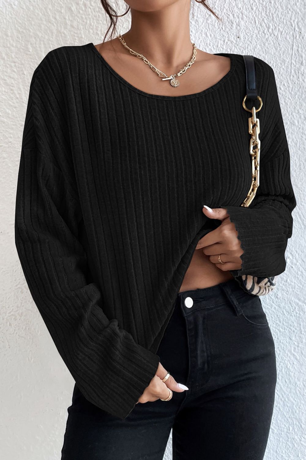 Ribbed Round Neck Drop Shoulder Long Sleeve Top - Classique Collection