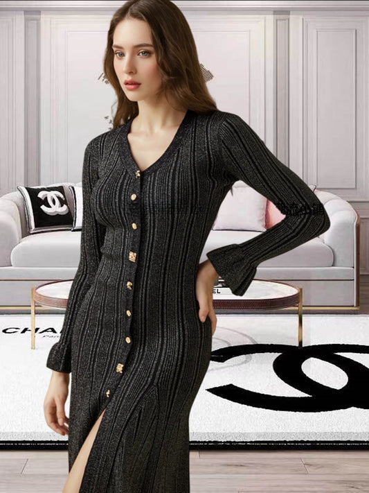 V-Neck Flounce Sleeve Sweater Dress - Classique Collection
