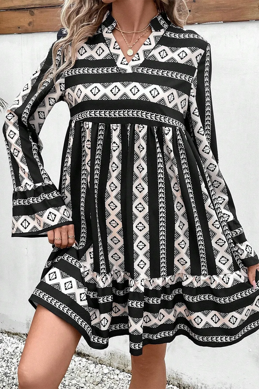 Ruffle Hem Geometric Notched Flare Sleeve Dress - Classique Collection